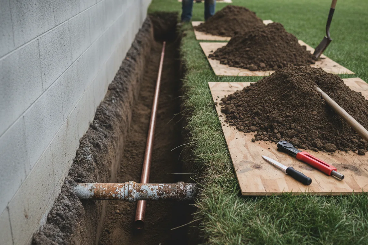 Excavated water line trench during Sewer Line Repair in Berlin